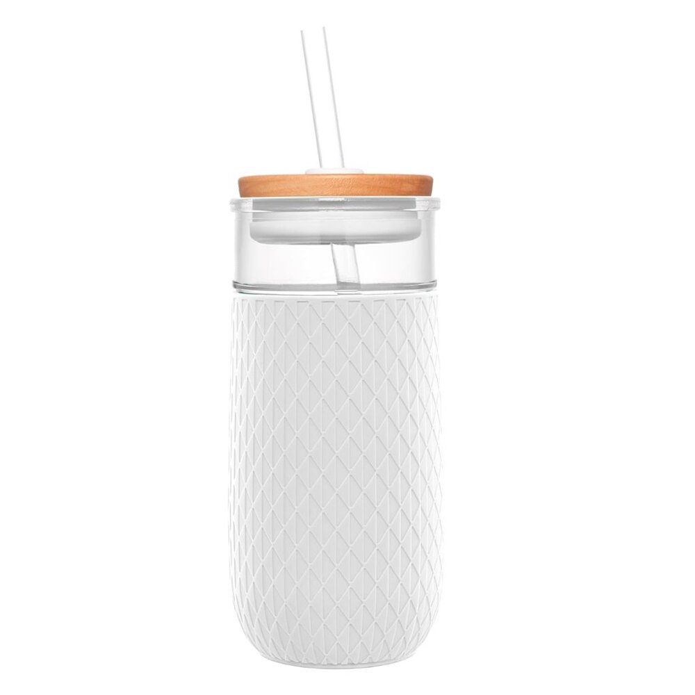 Ello Devon Glass Tumbler with Splash Proof Wooden Lid and Straw